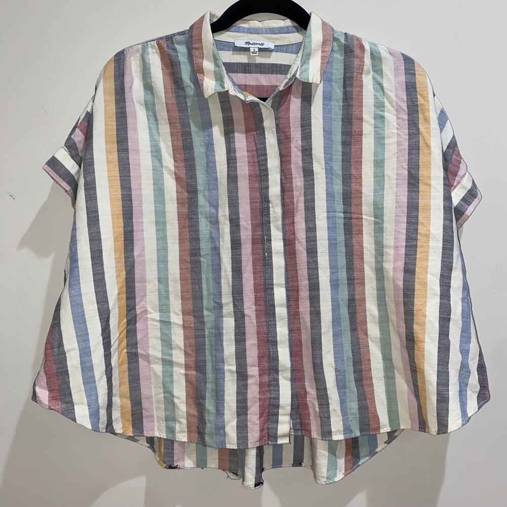 MADEWELL Sz L Hilltop Button Up Short Sleeve Shirt Rainbow Stripe Cotton Blend - Picture 3 of 7